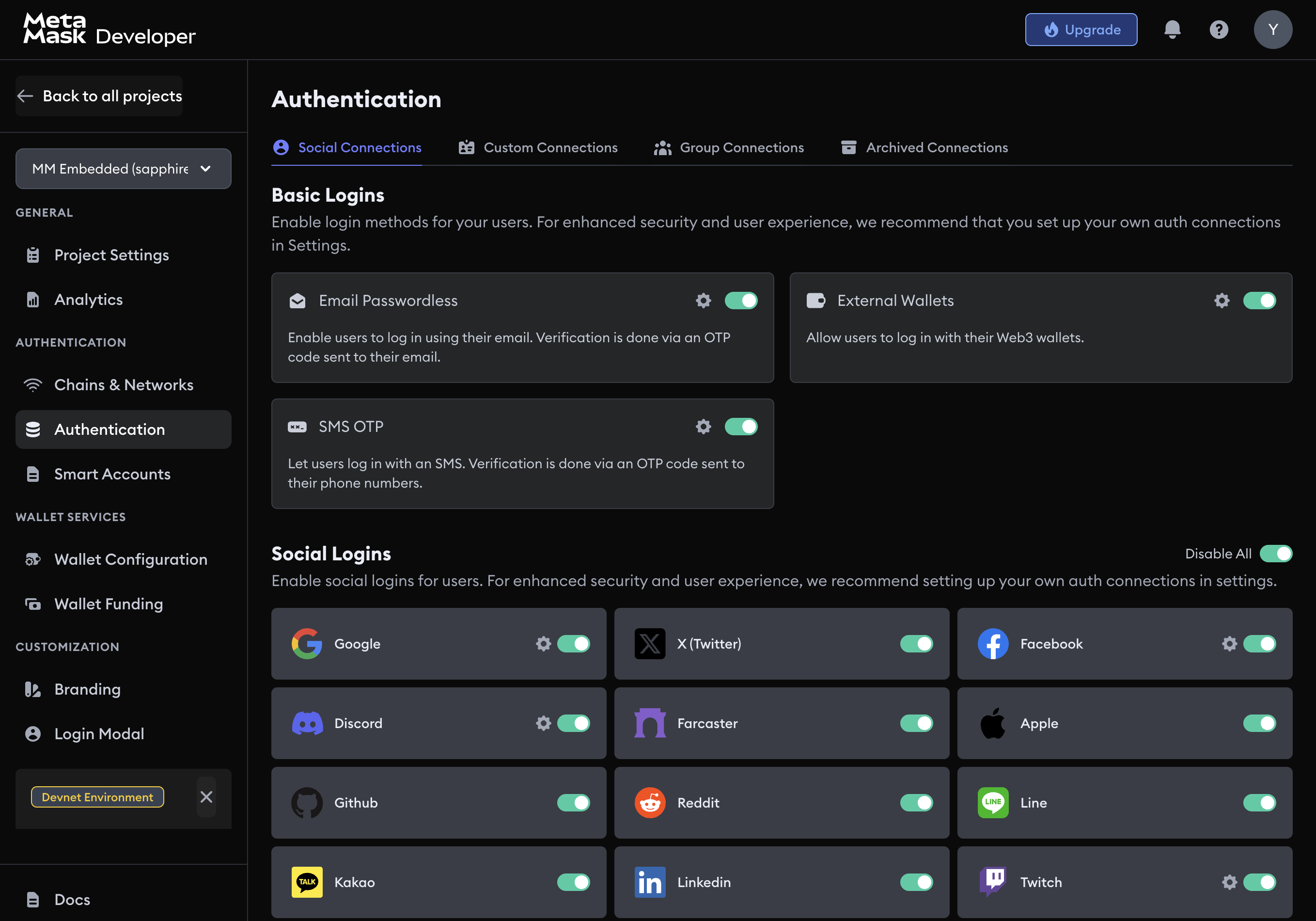 Toggle Facebook Connection on Dashboard